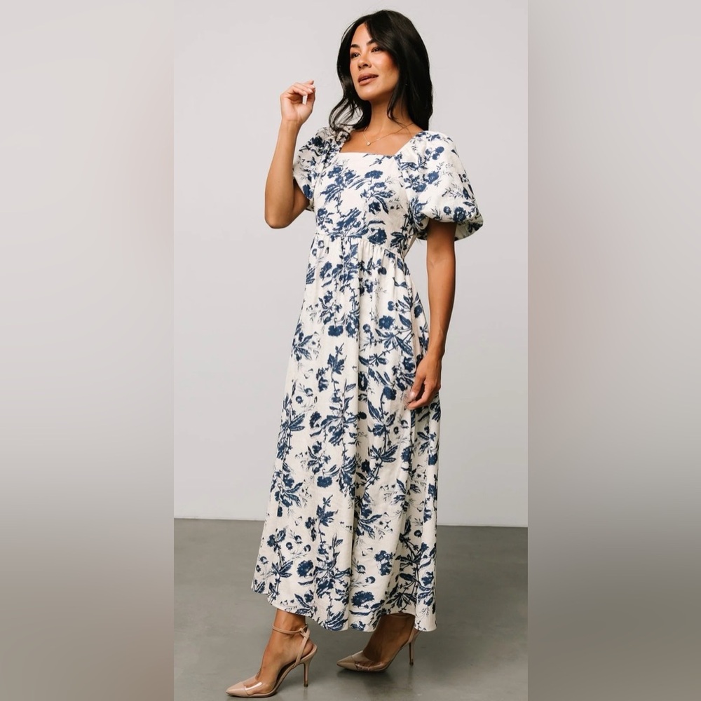 Baltic Born Cream and Blue Floral Puff-Sleeve Maxi Dress